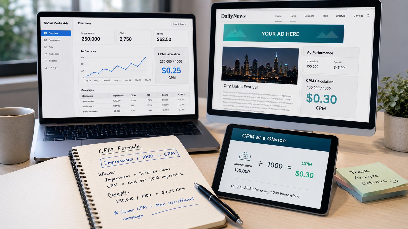 Marketing dashboards showing impressions, spend, and CPM calculations across devices